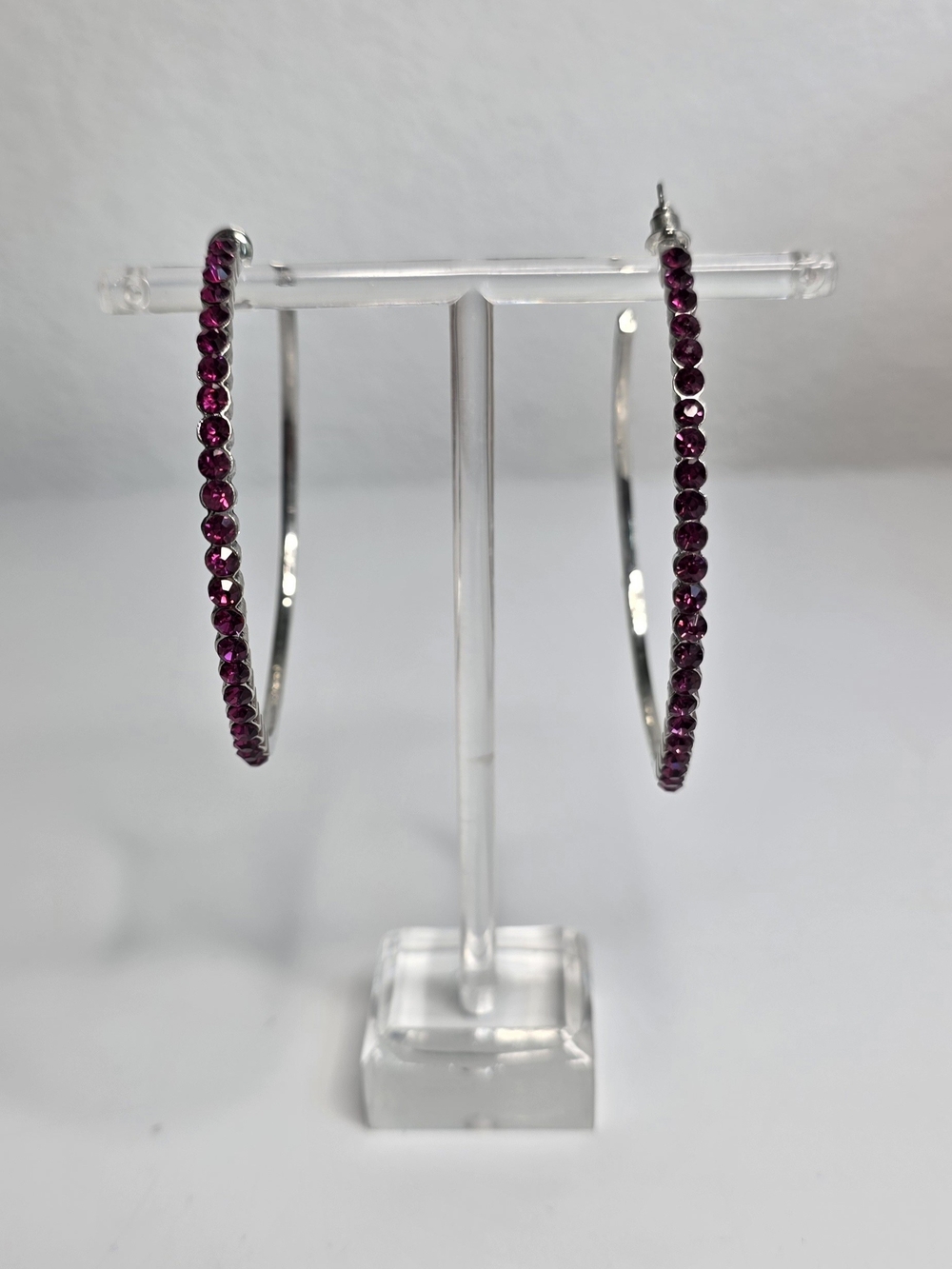 Sterling Hoop Earrings with Deep Magenta Crystals - Elegant Women’s Jewelry